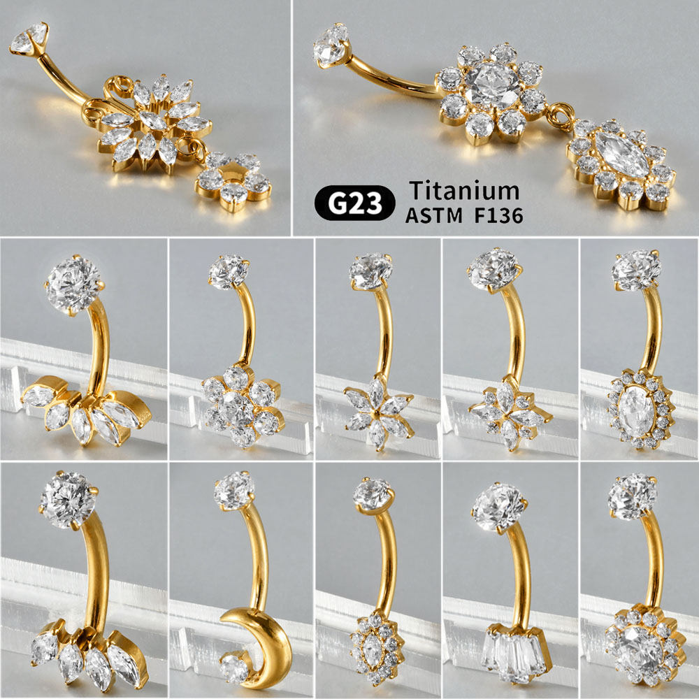 Belly Bar Titanium - ต่างหูเจาะสะดือไทเทเนียมประดับเพชรซิคอนรูปดอกไม้/พระจันทร์ ขนาด 16G