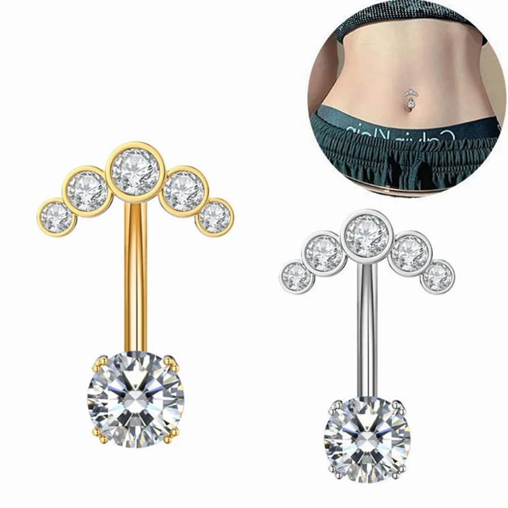 Belly Bar Titanium - จิวสะดือแบบกลับด้าน 1 ชิ้น ประดับเพชรซิคอน 5 เม็ด