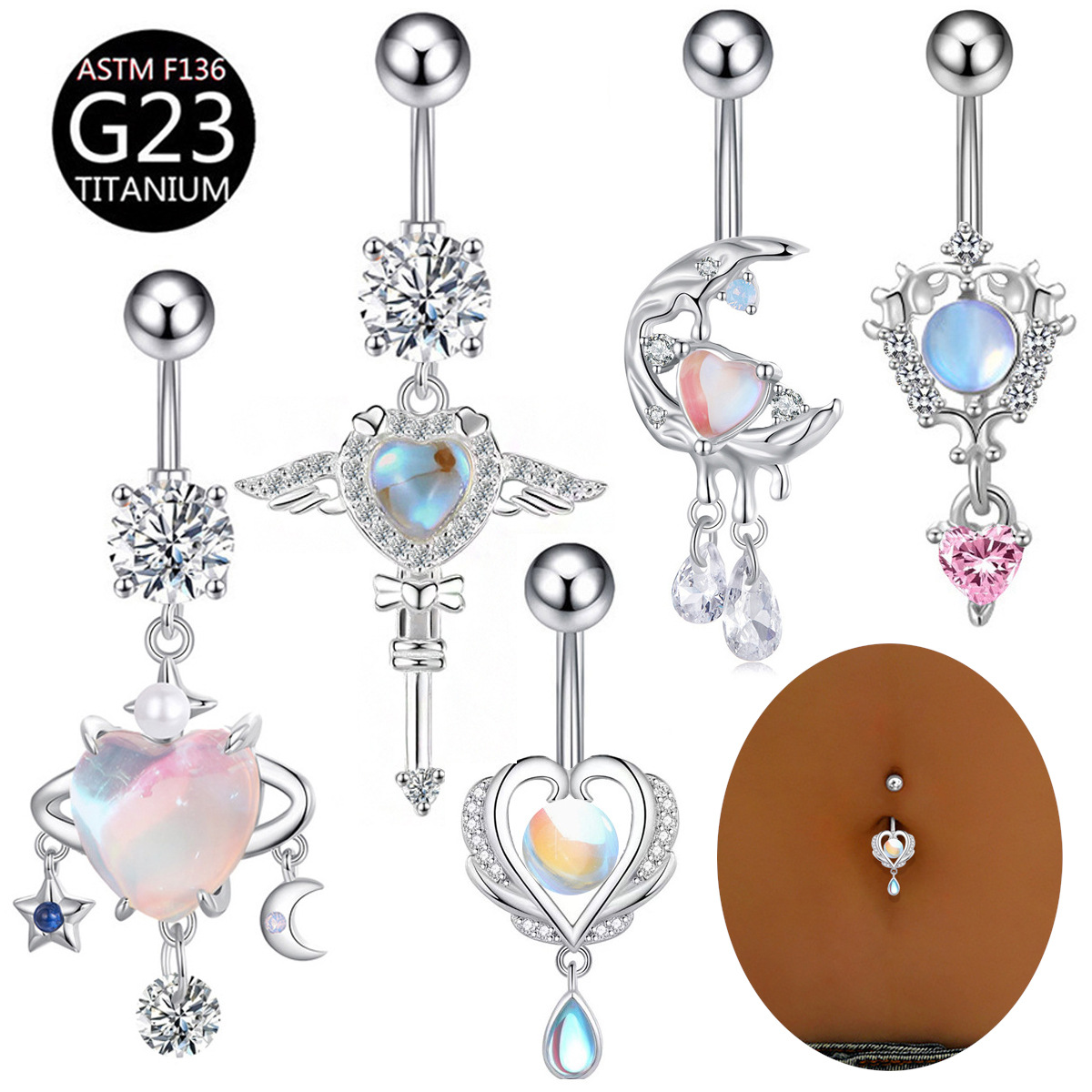Belly Bar Titanium - แหวนเจาะสะดือไทเทเนียม G23 ลายดาวและพระจันทร์ รุ่น Love Aurora