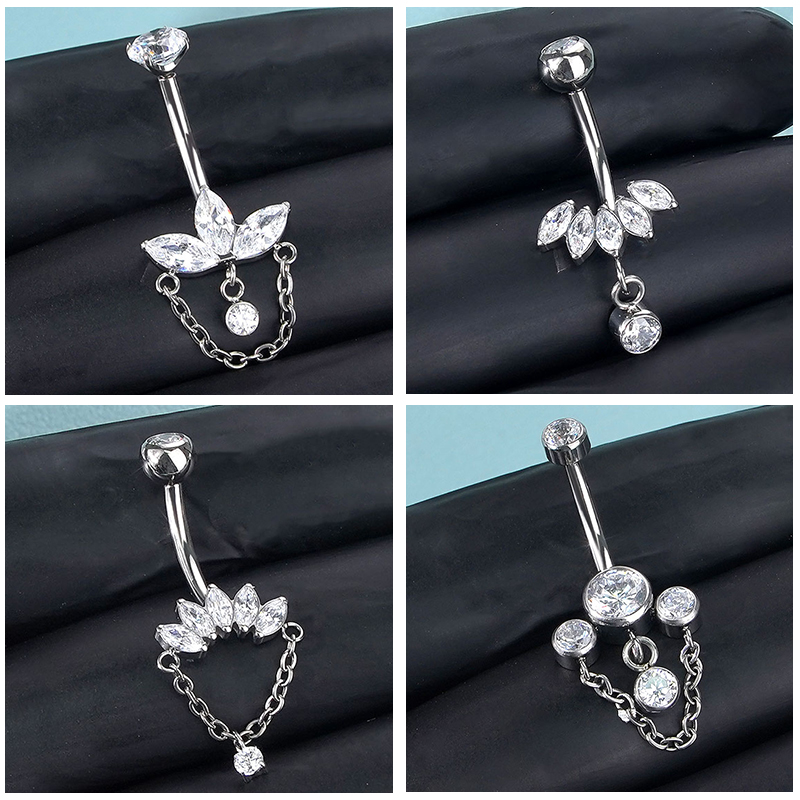 Belly Bar Titanium - แหวนสะดือไทเทเนียม 1 ชิ้น แบบเกลียวใน ประดับเพชร CZ