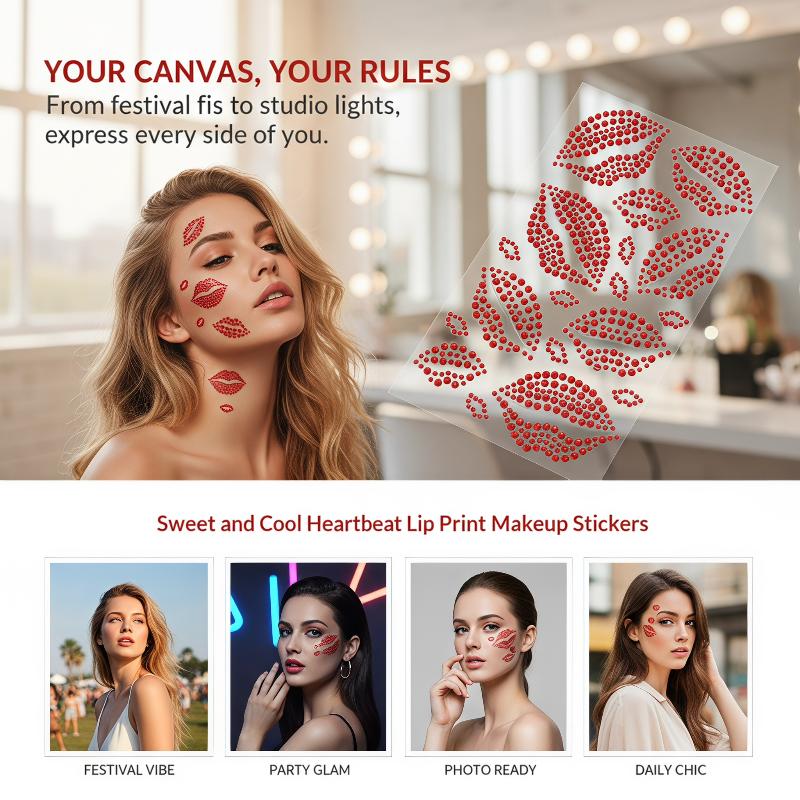 Body Jewelry Eyebrow - สติกเกอร์ริมฝีปากสีแดงแบบสมจริง 1 แผ่น ประดับเพชร แต่งหน้าเซ็กซี่ วิบวับ